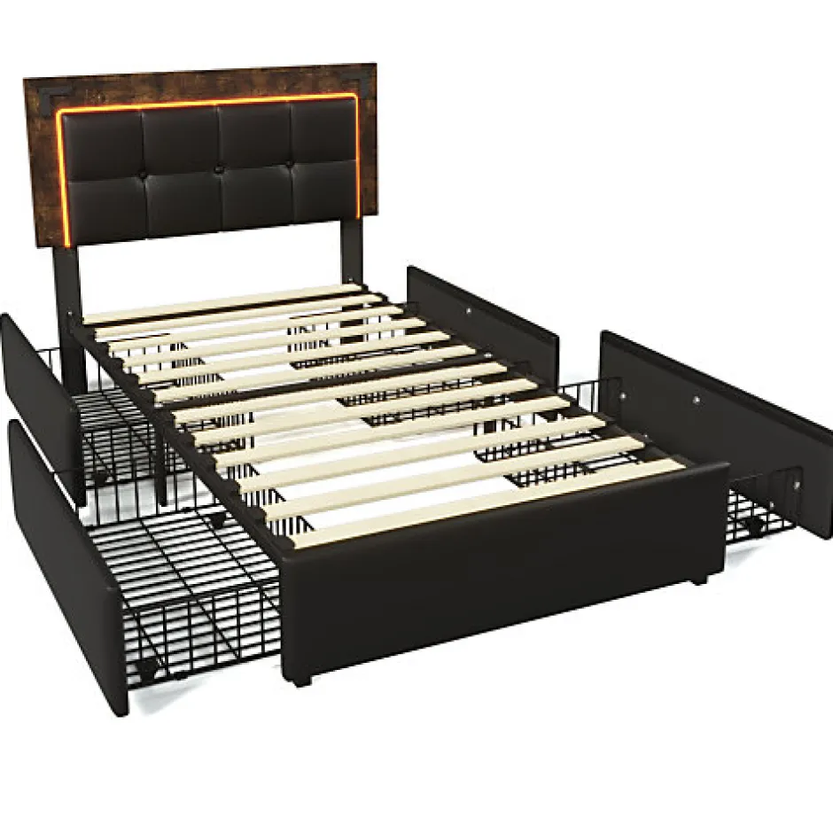 ModernLuxe Lit rembourré 90x200 cm avec LED et 4 tiroirs - tête de lit réglable en hauteur - en similicuir noir