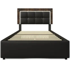 ModernLuxe Lit rembourré 90x200 cm avec LED et 4 tiroirs - tête de lit réglable en hauteur - en similicuir noir