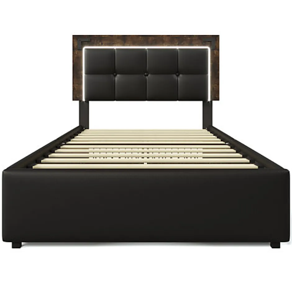 ModernLuxe Lit rembourré 90x200 cm avec LED et 4 tiroirs - tête de lit réglable en hauteur - en similicuir noir