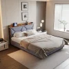 Fortuna lai Lit Rembourré 160x200 Cm Avec Ports USB, Étagères Ouvertes Et Tiroirs Dans La Tête De Lit, Gris Clearance