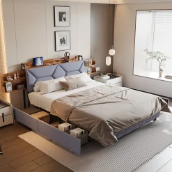 Fortuna lai Lit Rembourré 160x200 Cm Avec Ports USB, Étagères Ouvertes Et Tiroirs Dans La Tête De Lit, Gris Clearance