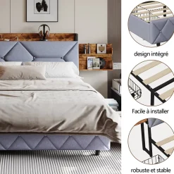 Fortuna lai Lit Rembourré 160x200 Cm Avec Ports USB, Étagères Ouvertes Et Tiroirs Dans La Tête De Lit, Gris Clearance