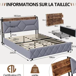 Fortuna lai Lit Rembourré 160x200 Cm Avec Ports USB, Étagères Ouvertes Et Tiroirs Dans La Tête De Lit, Gris Clearance