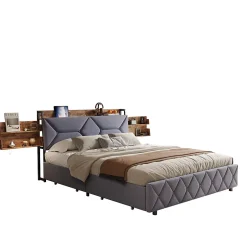Fortuna lai Lit Rembourré 160x200 Cm Avec Ports USB, Étagères Ouvertes Et Tiroirs Dans La Tête De Lit, Gris Clearance