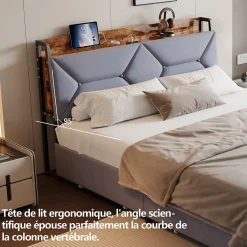 Fortuna lai Lit Rembourré 160x200 Cm Avec Ports USB, Étagères Ouvertes Et Tiroirs Dans La Tête De Lit, Gris Clearance