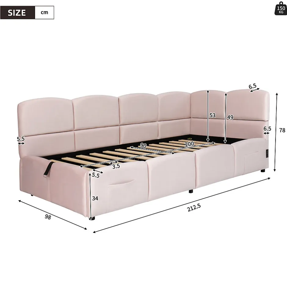 Redom Lit rembourré 90x200 cm avec sommier en velours rose port USB poche de rangement sans matelas Best