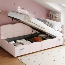 Redom Lit rembourré 90x200 cm avec sommier en velours rose port USB poche de rangement sans matelas Best
