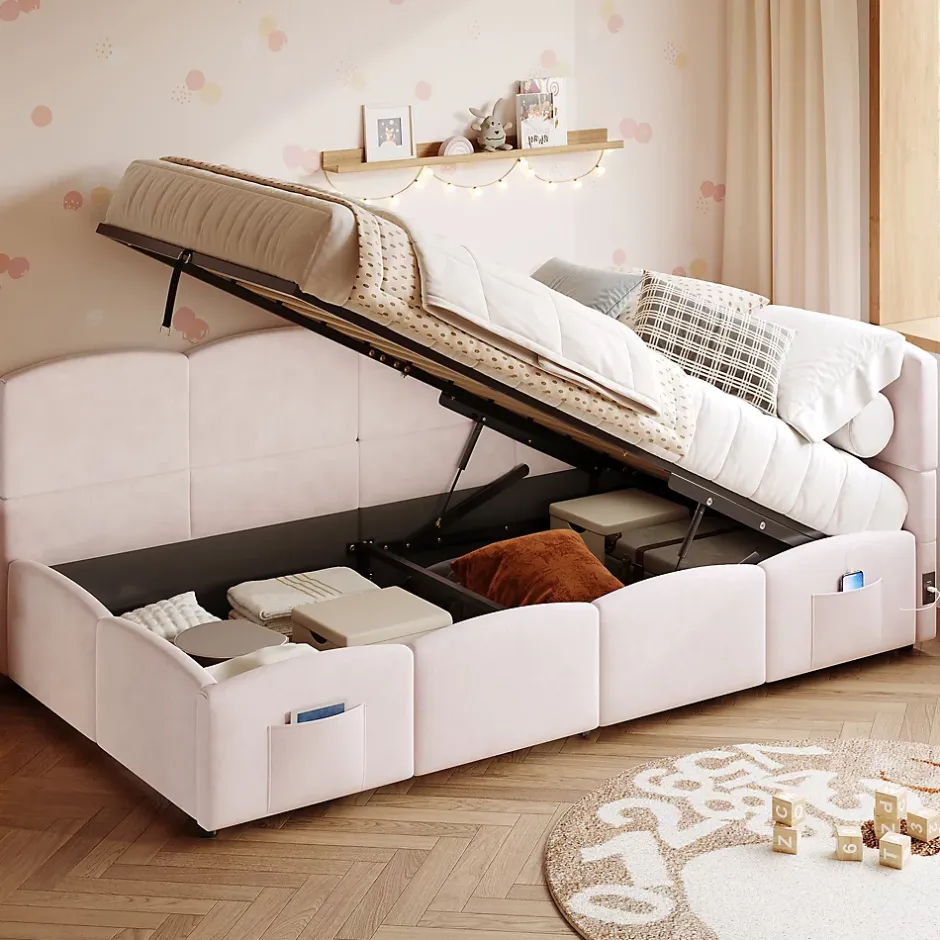 Redom Lit rembourré 90x200 cm avec sommier en velours rose port USB poche de rangement sans matelas Best