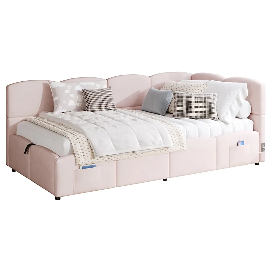 Redom Lit rembourré 90x200 cm avec sommier en velours rose port USB poche de rangement sans matelas Best