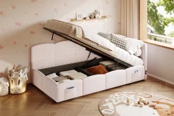 Redom Lit rembourré 90x200 cm avec sommier en velours rose port USB poche de rangement sans matelas Best