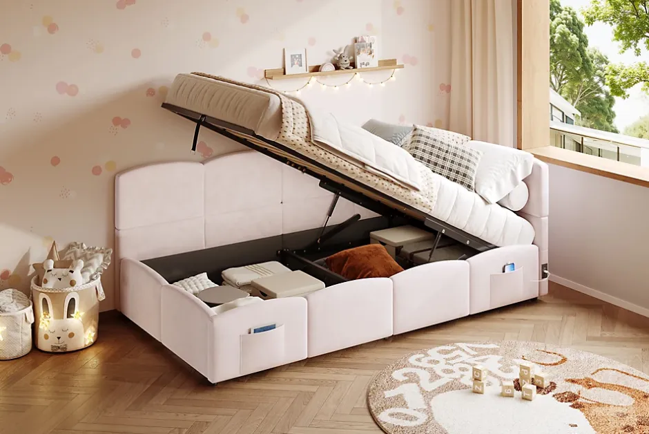 Redom Lit rembourré 90x200 cm avec sommier en velours rose port USB poche de rangement sans matelas Best
