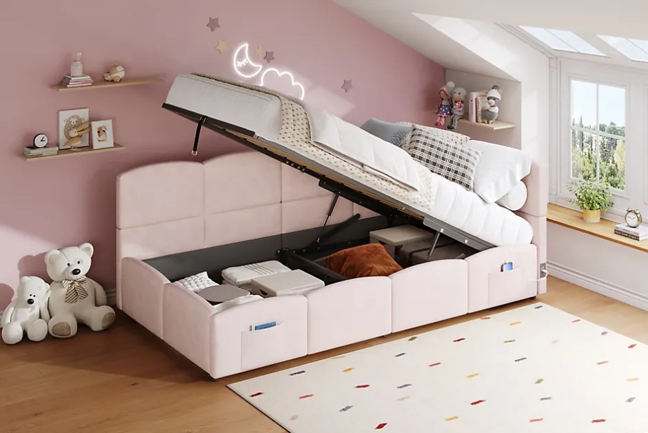 Redom Lit rembourré 90x200 cm avec sommier en velours rose port USB poche de rangement sans matelas Best