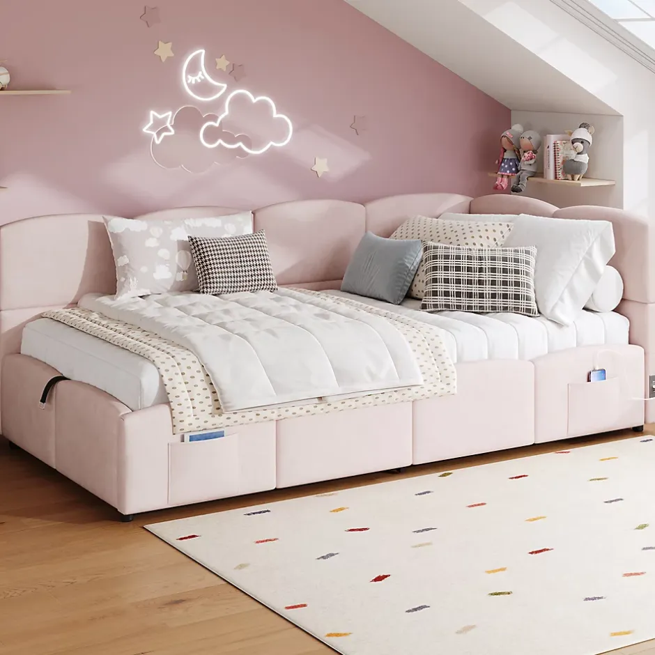 Redom Lit rembourré 90x200 cm avec sommier en velours rose port USB poche de rangement sans matelas Best