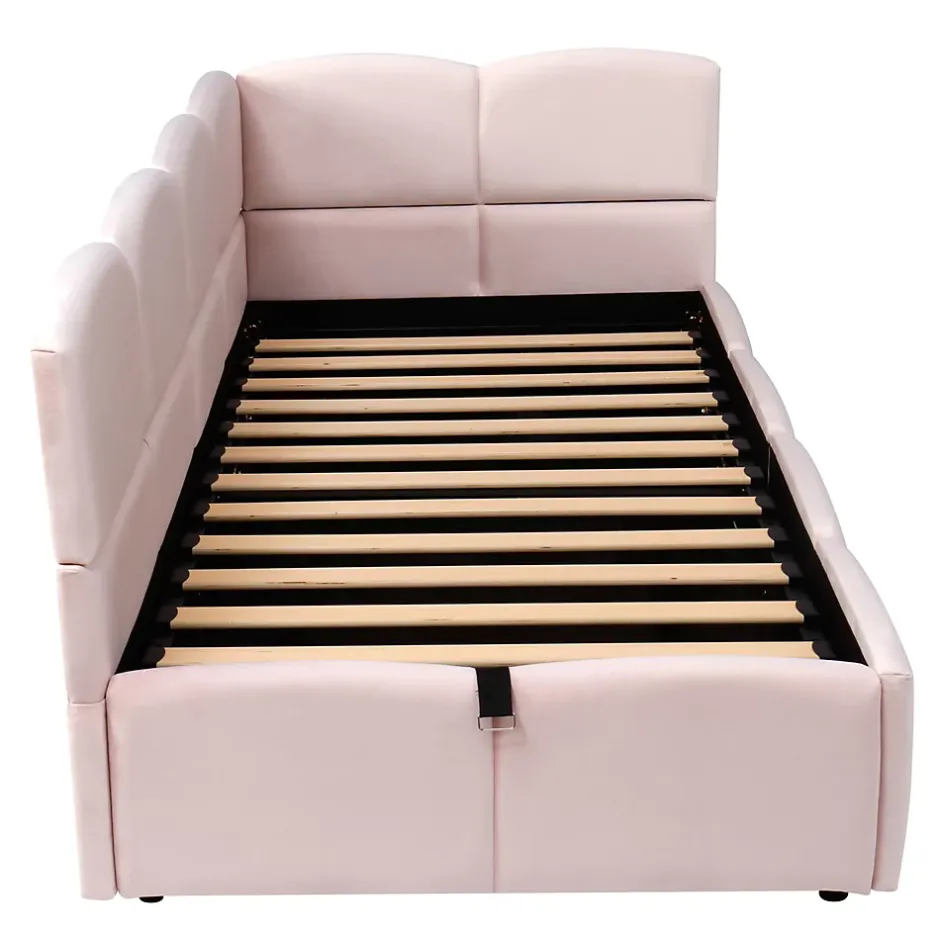 Redom Lit rembourré 90x200 cm avec sommier en velours rose port USB poche de rangement sans matelas Best