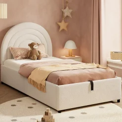 Redom Lit rembourré 90x200 cm avec sommier tissu bouclette beige lattes en bois montage facile pour jeunes et adultes Hot