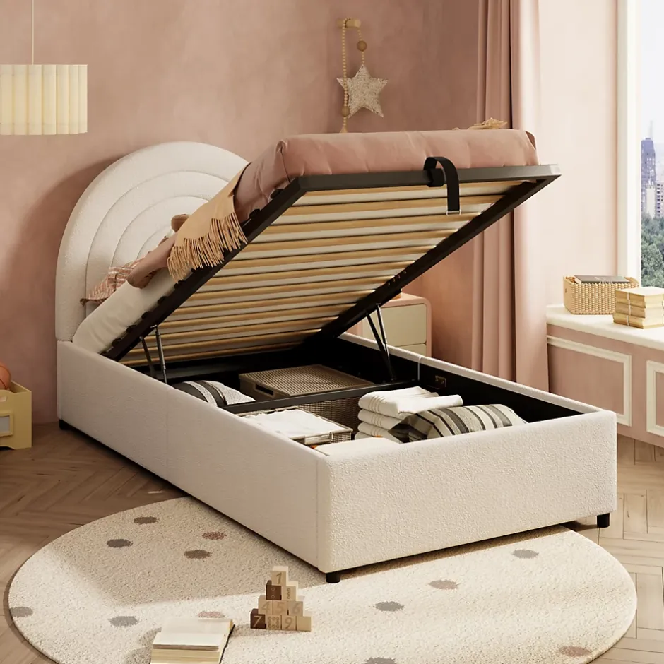 Redom Lit rembourré 90x200 cm avec sommier tissu bouclette beige lattes en bois montage facile pour jeunes et adultes Hot
