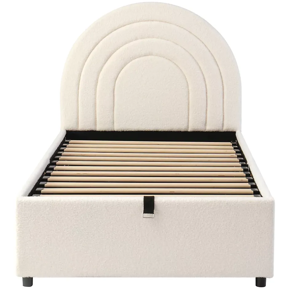 Redom Lit rembourré 90x200 cm avec sommier tissu bouclette beige lattes en bois montage facile pour jeunes et adultes Hot