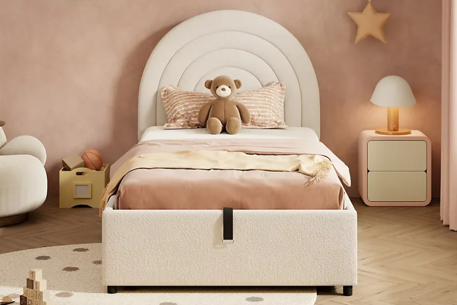 Redom Lit rembourré 90x200 cm avec sommier tissu bouclette beige lattes en bois montage facile pour jeunes et adultes Hot
