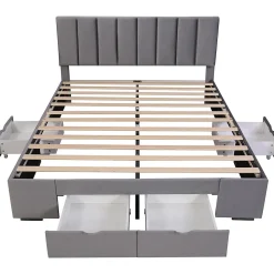 Gutent Lit rembourré 160x200 cm, avec sommier à lattes,dossier et 4 tiroirs, velours, gris