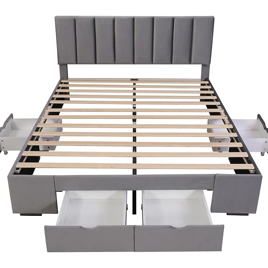 Gutent Lit rembourré 160x200 cm, avec sommier à lattes,dossier et 4 tiroirs, velours, gris