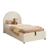 Redom Lit rembourré 90x200 cm avec sommier et tête de lit en velours beige lattes en bois montage facile pour jeunes et adultes