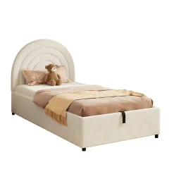 Redom Lit rembourré 90x200 cm avec sommier et tête de lit en velours beige lattes en bois montage facile pour jeunes et adultes