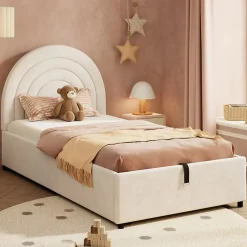 Redom Lit rembourré 90x200 cm avec sommier et tête de lit en velours beige lattes en bois montage facile pour jeunes et adultes