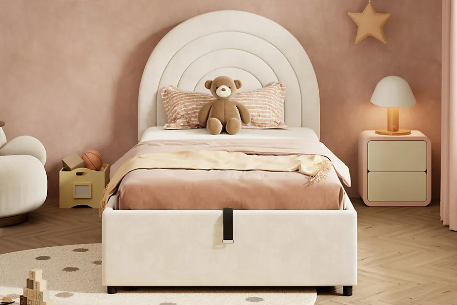 Redom Lit rembourré 90x200 cm avec sommier et tête de lit en velours beige lattes en bois montage facile pour jeunes et adultes