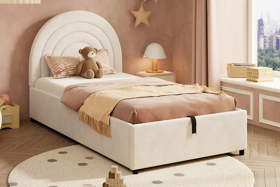 Redom Lit rembourré 90x200 cm avec sommier et tête de lit en velours beige lattes en bois montage facile pour jeunes et adultes