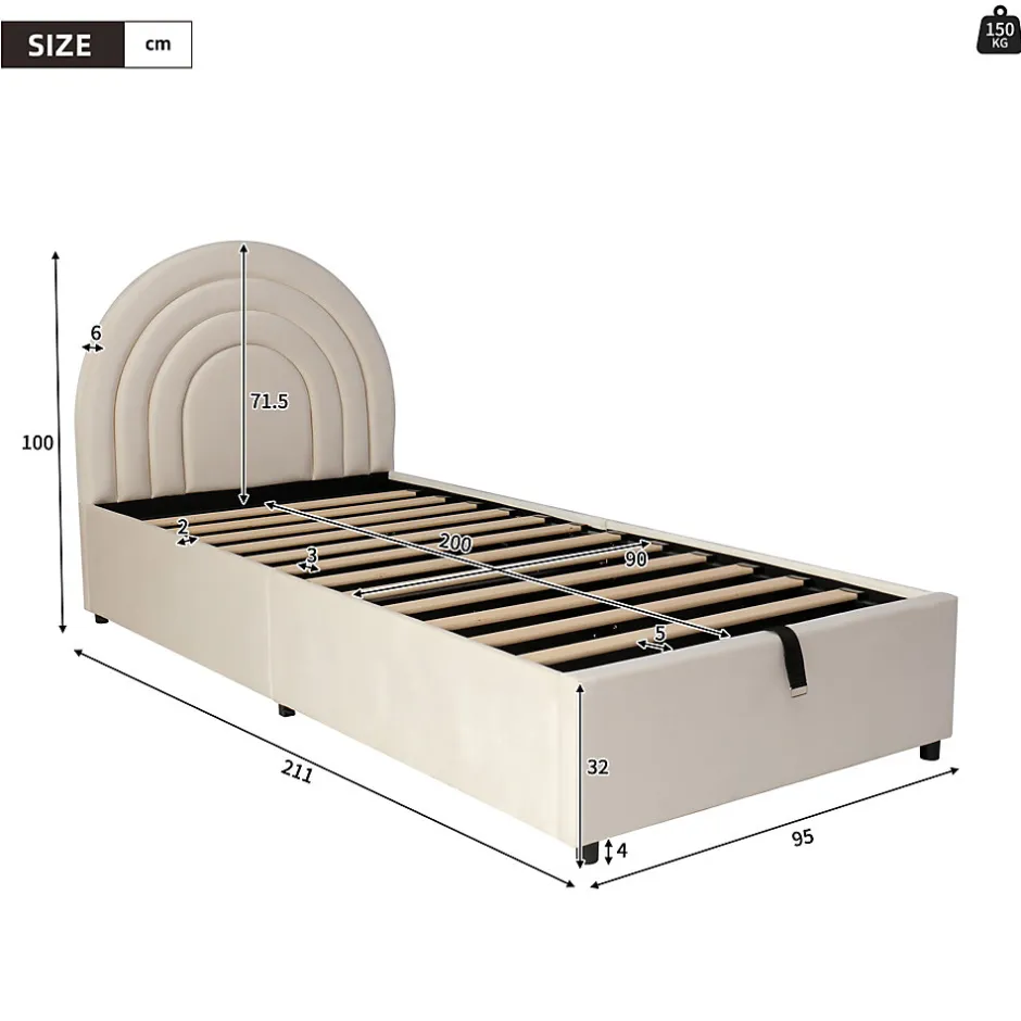 Redom Lit rembourré 90x200 cm avec sommier et tête de lit en velours beige lattes en bois montage facile pour jeunes et adultes