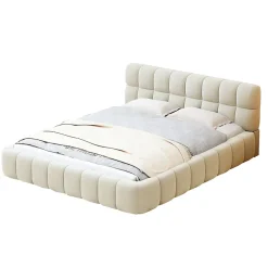ProximaX Lit rembourré 140x190 cm en lin, dossier moelleux, cadre rembourré, sommier à lattes inclus, lit jeune/double, Beige Discount