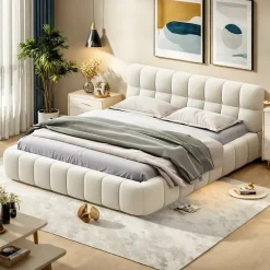 ProximaX Lit rembourré 140x190 cm en lin, dossier moelleux, cadre rembourré, sommier à lattes inclus, lit jeune/double, Beige Discount
