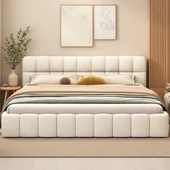 ProximaX Lit rembourré 140x190 cm en lin, dossier moelleux, cadre rembourré, sommier à lattes inclus, lit jeune/double, Beige Discount