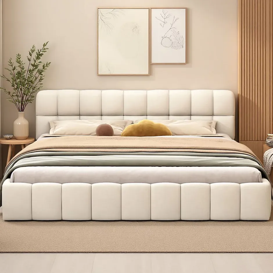 ProximaX Lit rembourré 140x190 cm en lin, dossier moelleux, cadre rembourré, sommier à lattes inclus, lit jeune/double, Beige Discount