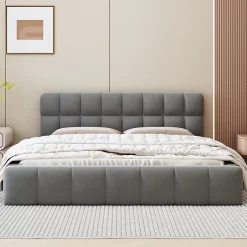 ProximaX Lit rembourré 160x200 cm en lin, dossier moelleux, cadre rembourré, sommier à lattes inclus, lit double/jeune, Gris Best