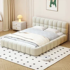 ProximaX Lit rembourré 140x200 cm en lin avec dossier moelleux, bordure rembourrée et sommier à lattes, Lit double, Beige