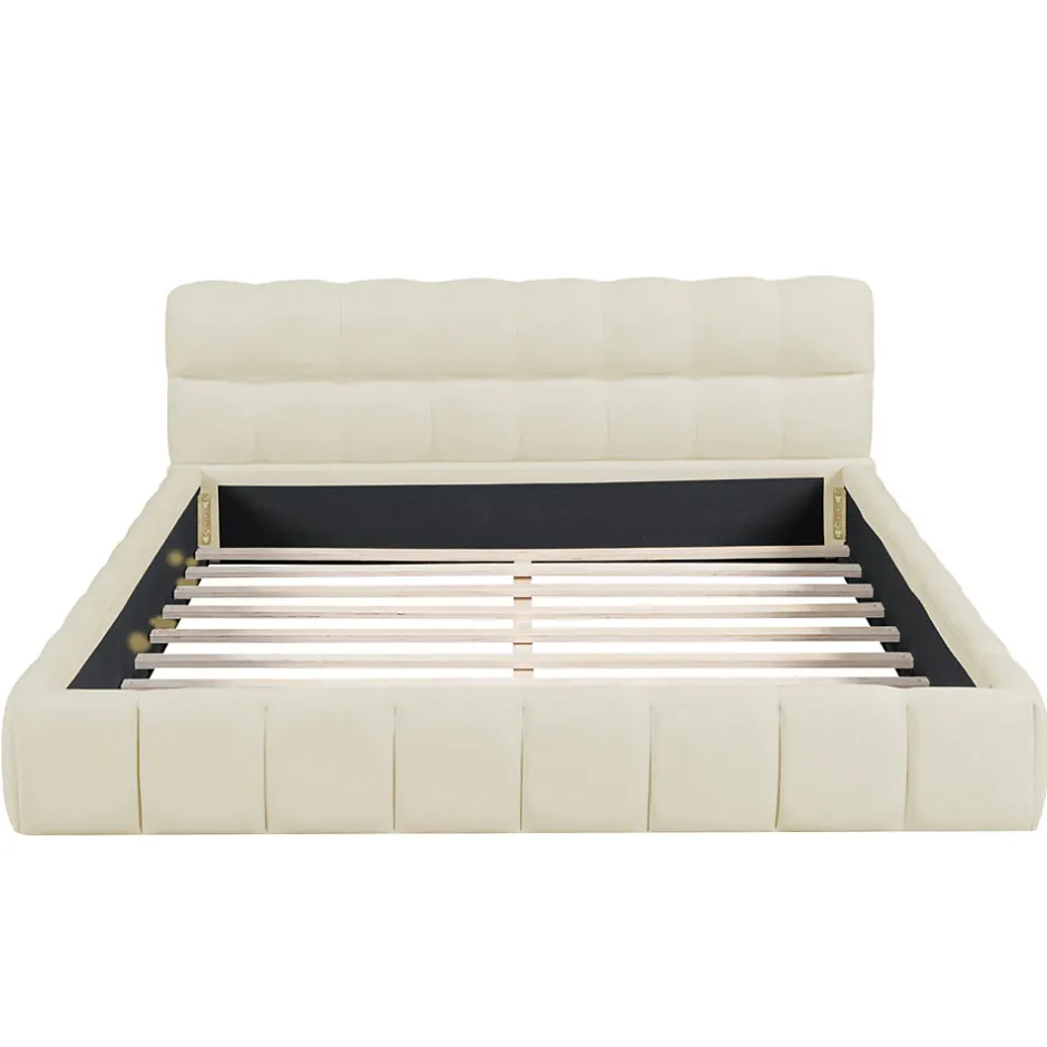 ProximaX Lit rembourré 140x200 cm en lin avec dossier moelleux, bordure rembourrée et sommier à lattes, Lit double, Beige
