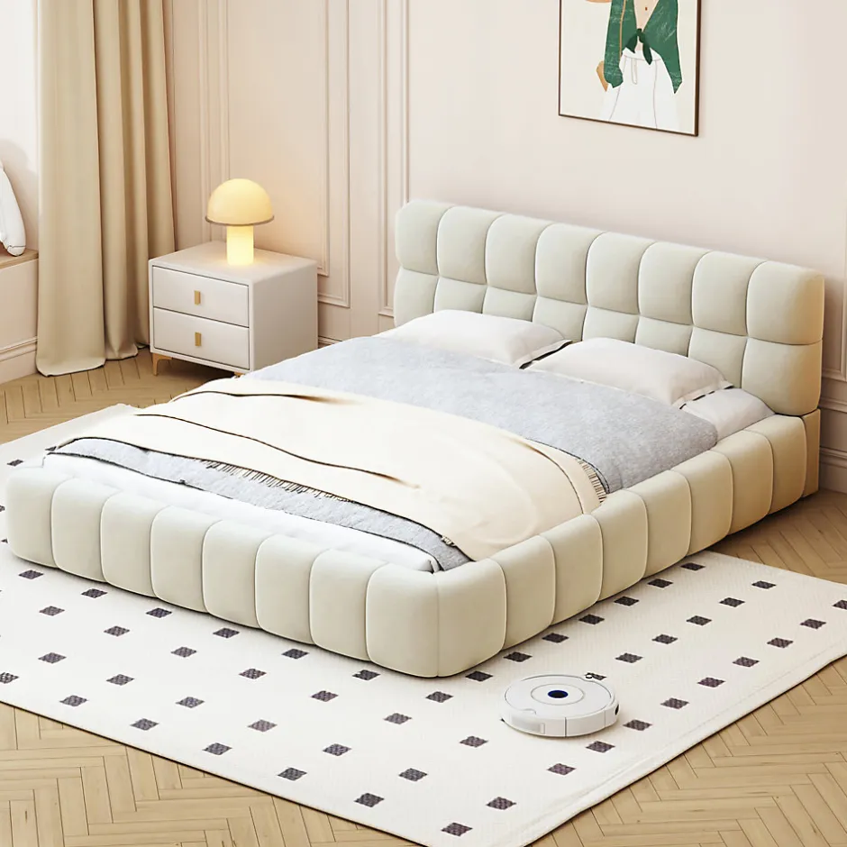 ProximaX Lit rembourré 140x200 cm en lin avec dossier moelleux, bordure rembourrée et sommier à lattes, Lit double, Beige