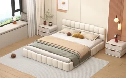 ProximaX Lit rembourré 140x200 cm en lin avec dossier moelleux, bordure rembourrée et sommier à lattes, Lit double, Beige