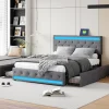 Simple Life Lit rembourré 140x190 cm, LED, 4 tiroirs, USB, coffre en lin, sommier bois -Gris