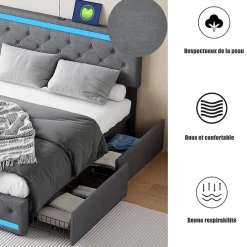 Simple Life Lit rembourré 140x190 cm, LED, 4 tiroirs, USB, coffre en lin, sommier bois -Gris