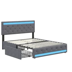 Simple Life Lit rembourré 140x190 cm, LED, 4 tiroirs, USB, coffre en lin, sommier bois -Gris