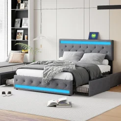 Simple Life Lit rembourré 180x200 cm, LED, 4 tiroirs, USB, coffre en lin, sommier bois -Gris