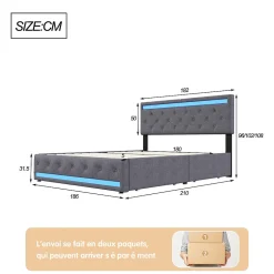 Simple Life Lit rembourré 180x200 cm, LED, 4 tiroirs, USB, coffre en lin, sommier bois -Gris