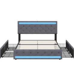 Simple Life Lit rembourré 180x200 cm, LED, 4 tiroirs, USB, coffre en lin, sommier bois -Gris