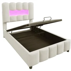 Blackcolors Lit rembourré 90x200 cm, LED, hydraulique, tête réglable, velours - beige New