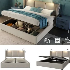 Gutent Lit rembourré 140x200 cm, lit avec rangement, lit double avec sommier à lattes et lampe de lecture, lin, beige, sans matelas