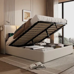 Gutent Lit rembourré 140x200 cm, lit avec rangement, lit double avec sommier à lattes et lampe de lecture, lin, beige, sans matelas