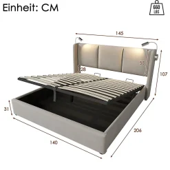 Gutent Lit rembourré 140x200 cm, lit avec rangement, lit double avec sommier à lattes et lampe de lecture, lin, beige, sans matelas