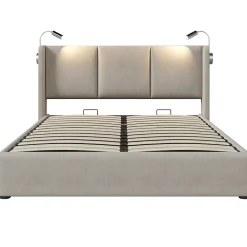 Gutent Lit rembourré 140x200 cm, lit avec rangement, lit double avec sommier à lattes et lampe de lecture, lin, beige, sans matelas